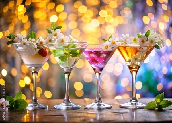 Fototapeta Glasses of cocktails with spring flowers on bokeh lights background