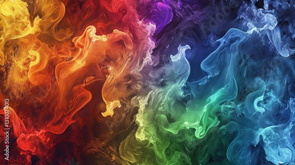 Fototapeta Swirls of different colors blending together on a dark background in a fluid, smoky effect.