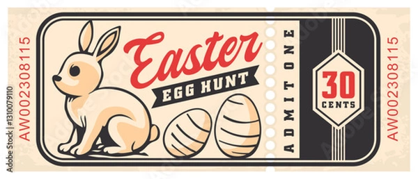 Obraz Easter egg hunt retro ticket template. Vintage invitation for Easter holiday event with bunny graphic. Vector image.