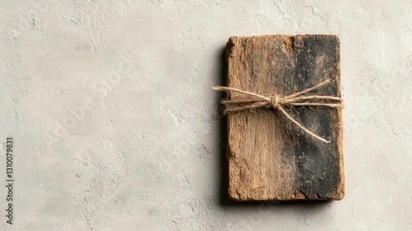 Fototapeta rustic wooden tag tied with twine on textured gray background evokes sense of simplicity and natural beauty