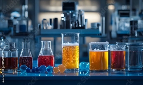Fototapeta Laboratory liquids in glass containers showing a variety of colors and textures
