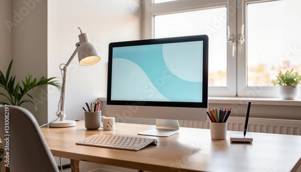 Fototapeta Minimalistic home office setup with computer, modern productivity