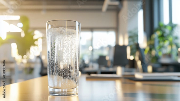 Fototapeta Side View of a Glass of Sparkling Water on an Office Desk, with a Blurred Office Background and Expansive Space for Promotional Text or Messaging copy space