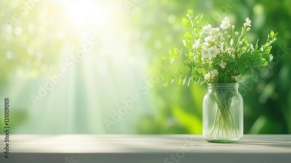Fototapeta Fresh wildflowers in a glass jar on a wooden table in a sunlit garden setting during daytime