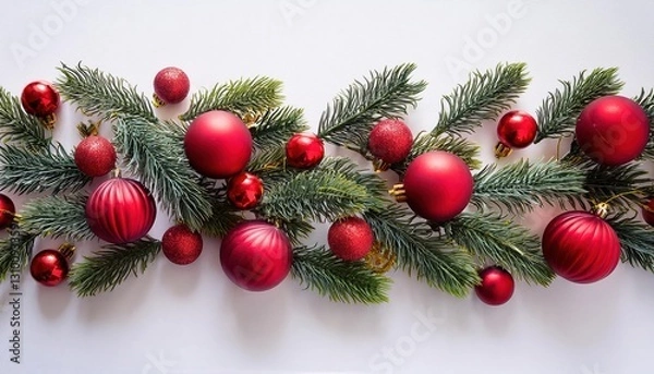 Fototapeta Elegant Christmas Decor Vibrant Red Ball Garland Adorns Fir Branches against a Pristine White Backdrop, Infusing Festive Cheer and Holiday Sparkle.