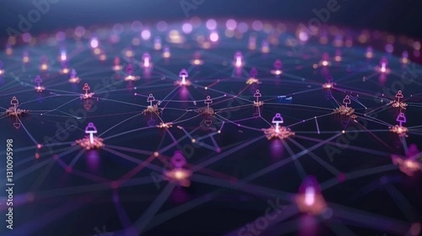 Fototapeta Futuristic network of interconnected people icons with glowing lines, symbolizing communication and connectivity in digital world