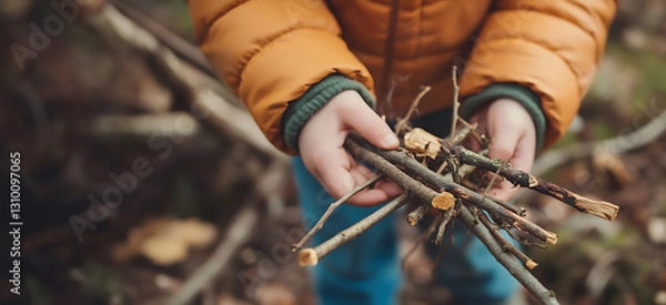Fototapeta Close-up of a little boy's hands holding some dry branches to make a campfire. on a spring or summer day