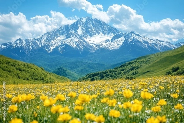 Fototapeta Scenic landscape showcasing vibrant wildflowers blanketing a meadow with majestic snow-capped mountains rising in the distance under a clear blue sky
