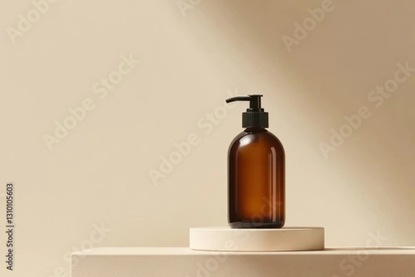Obraz Elegant Amber Bottle with Pump on Minimalist Beige Background