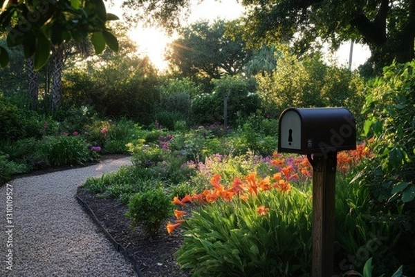 Fototapeta Serene Garden Path with Colorful Flowers and a Mailbox at Sunset