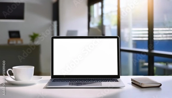 Fototapeta Minimalist Workspace Vignette A Study in White, Coffee Cup, and Digital Canvas, Conveying Calm Focus Amidst Blurred Movement