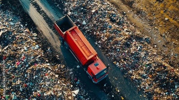 Fototapeta Aerial view of waste unloading by truck