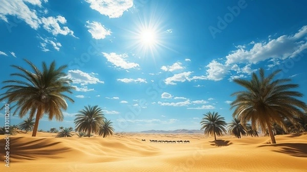 Fototapeta A vast desert with bright blue sky and the sun. Palm trees and a caravan of camels make it a beautiful scene for a celebration of Eid-al-Adha or Ramadan.