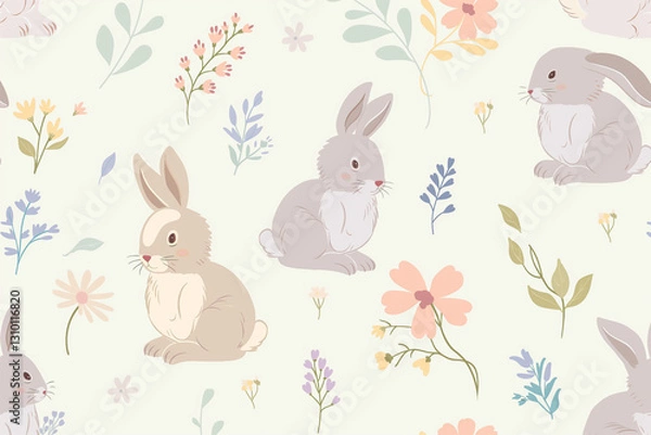 Fototapeta A simple and charming spring seamless pattern featuring cute bunnies and delicate flowers 