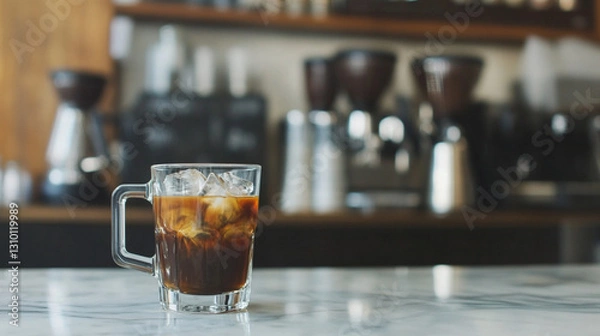 Fototapeta a glass of coffee sitting on a wooden table, partially illuminated by sunlight. The background is slightly blurred, with a mix of light and dark areas, suggesting an indoor setting, possibly a cafe 