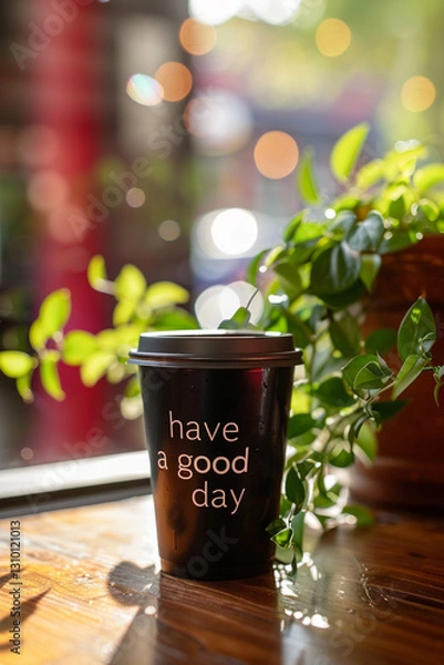 Fototapeta Iced coffee with "Have a good day" message on a wooden table, perfect for cafe marketing.