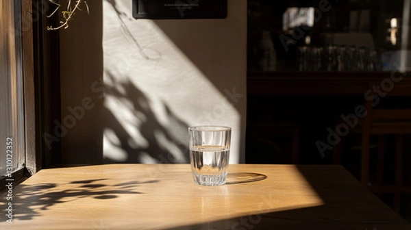 Fototapeta a glass of water sitting on a wooden table, partially illuminated by sunlight. The background is slightly blurred, with a mix of light and dark areas, suggesting an indoor setting, possibly a cafe 