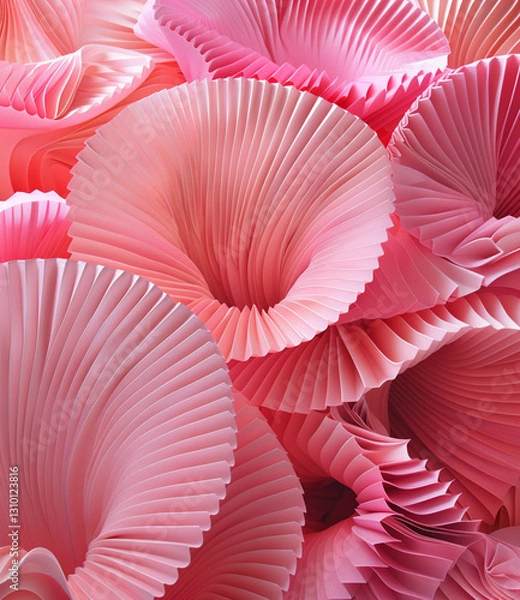 Fototapeta A vibrant, close-up view of intricately pleated, pale pink paper formations, resembling stylized flowers.