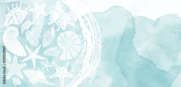 Fototapeta Sea. Pre-made design with shells, starfish, nautilus, sea creatures, watercolor splash . Vector layout decorative greeting card or invitation design background. 