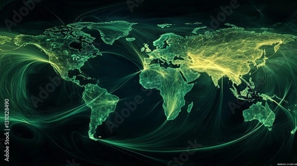 Fototapeta A world map shows how technology connects us globally.  Green lines and dots illustrate the worldwide flow of data.