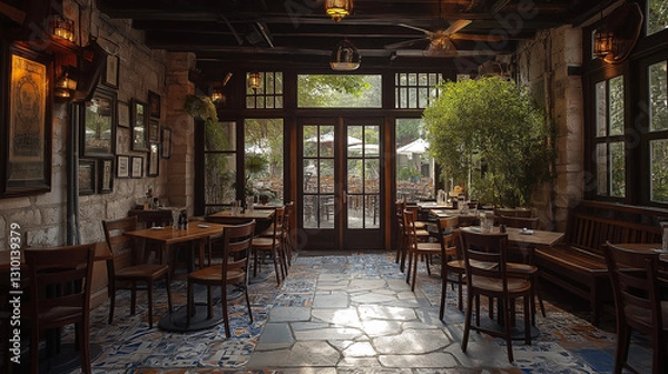 Fototapeta This Greek tavern features a warm and inviting interior with wooden tables, comfortable chairs, and unique decor. Sunlight filters through large windows, enhancing the rustic charm