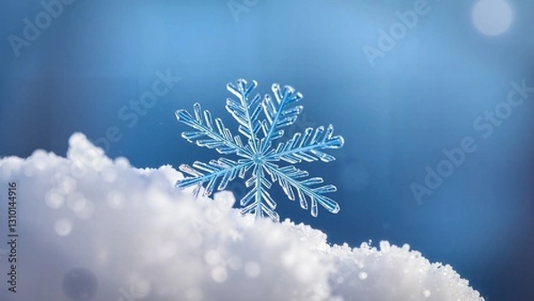 Fototapeta Macro Shot of a Winter Snowflake - Close-up macro shot of a snowflake in the snow with a blue background