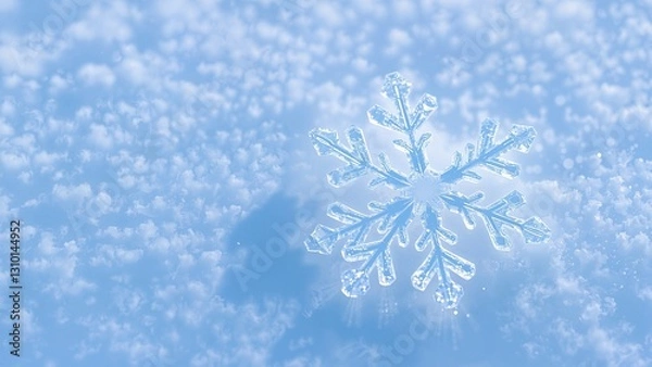 Fototapeta Macro Shot of a Winter Snowflake - Close-up macro shot of a snowflake in the snow with a blue background