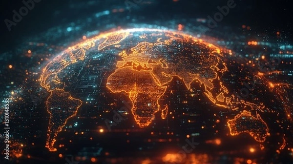 Fototapeta Global Digital Network Connection with Glowing Points Around the World