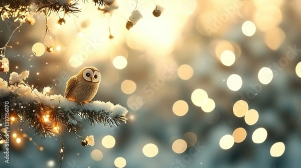 Fototapeta   Small owl on snow-covered branch of pine tree amidst blurry background of bokeh lights