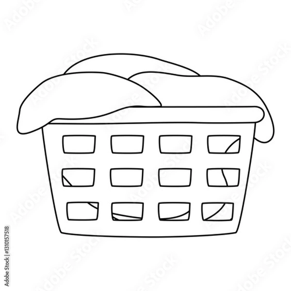 Obraz Laundry basket overflowing with clothes, doodle style flat vector outline for coloring book
