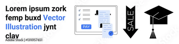 Fototapeta Monitor with payment form and receipt, downward sale arrow, graduation cap. Ideal for online transactions, e-commerce, education, discounts, financial tools, achievements abstract line flat metaphor