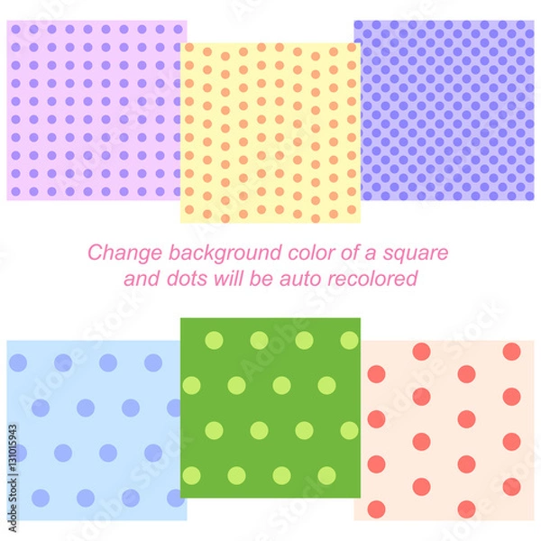 Obraz Set of six seamless backgrounds with auto recoloring dots patterns