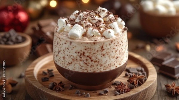 Fototapeta A rich and creamy hot chocolate with marshmallows and chocolate shavings on top.