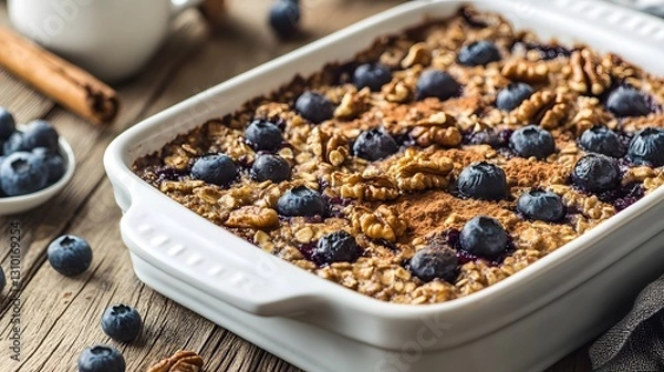 Fototapeta Realistic baked oatmeal dish with blueberries, walnuts, & a sprinkle of cinnamon, displayed in a white baking dish on a wooden table