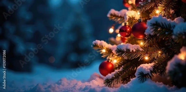 Obraz Twinkling lights adorn a majestic Christmas tree, lights, icy