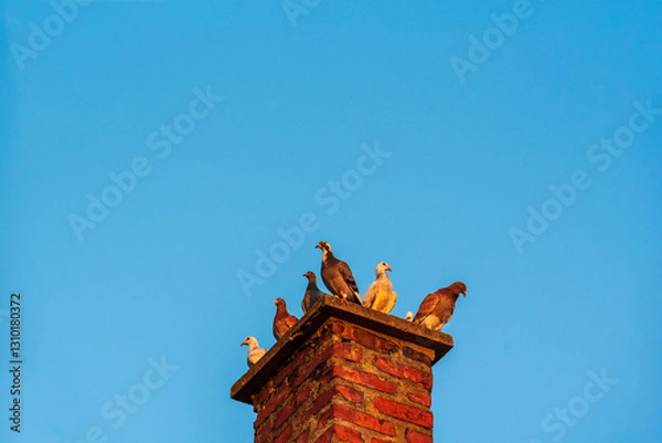 Fototapeta a flock of pigeons sits on the chimney