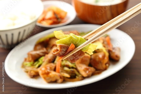 Fototapeta ホルモン炒め定食　背景ぼけ