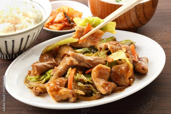 Fototapeta ホルモン炒め定食を箸で食べる