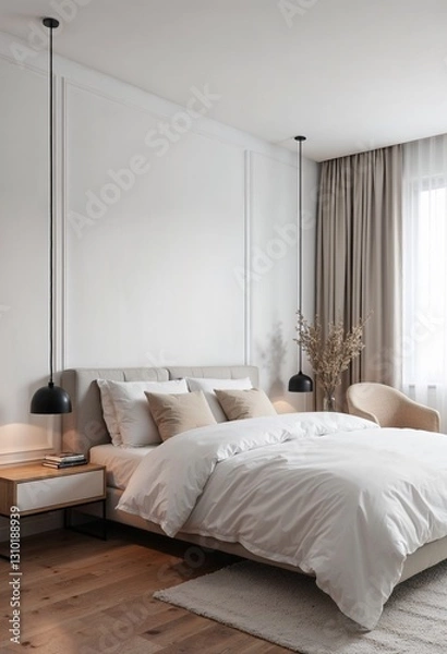Fototapeta Contemporary elegant bedroom interiors with a soft ambiance and warm tones in a minimalist style
