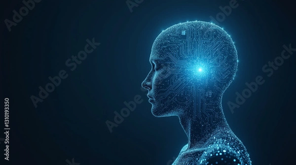 Fototapeta 3D Abstract Human Head with a Glowing Brain in a Futuristic Blue Outline Style