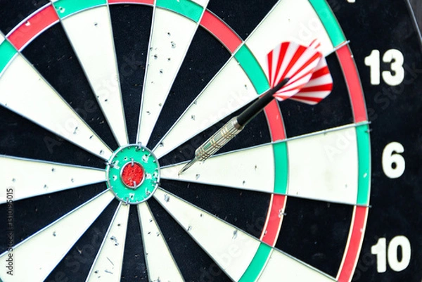 Obraz Dartboard against old tree background. Two darts hit the target of a dart board. Bad shots on target of a dart board