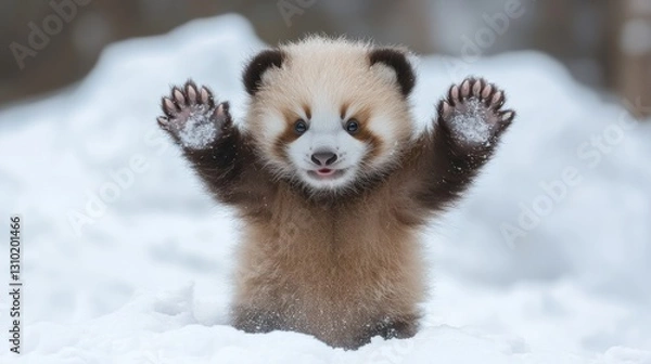 Obraz Adorable red panda cub standing in snow, paws up.