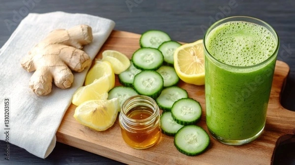 Fototapeta Fresh green smoothie with ginger, lemon, cucumber, and honey on
