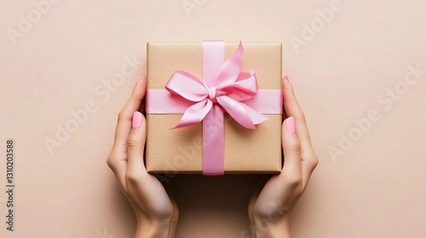 Fototapeta Close-up hands holding a gift box wrapped with a pink ribbon on a soft beige background