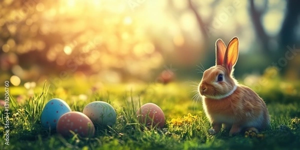 Fototapeta Easter Bunny with Colorful Easter Eggs in Spring Meadow at Sunset