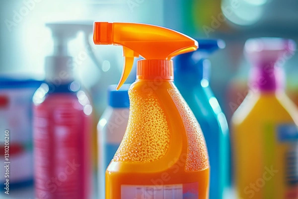 Fototapeta A collection of empty and full bottles of cleaning products, suitable for use in an office or home setting 
