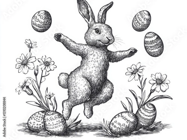 Fototapeta Easter bunny joyful rabbit dancing among decorated Easter eggs and spring flowers, drawn in an engraved, woodcut style sketch engraving generative ai raster. Scratch board. Black and white image.