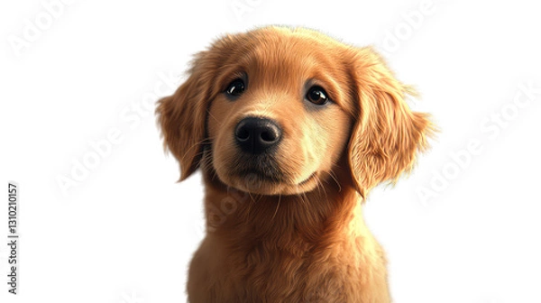 Fototapeta A charming golden retriever puppy on a transparent background, portrayed with realistic fur details, soft lighting, and an inviting portrait style