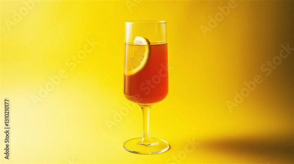 Fototapeta Red wine in elegant stemware against vibrant yellow background. Minimalist beverage photography featuring ruby alcohol drink in classic glass with dramatic lighting and copy space for text.