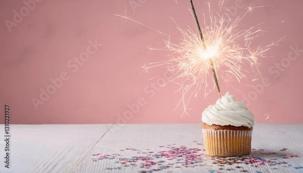 Obraz happy birthday celebration cupcake with burning sparkler on a wooden surface with confetti, copy space